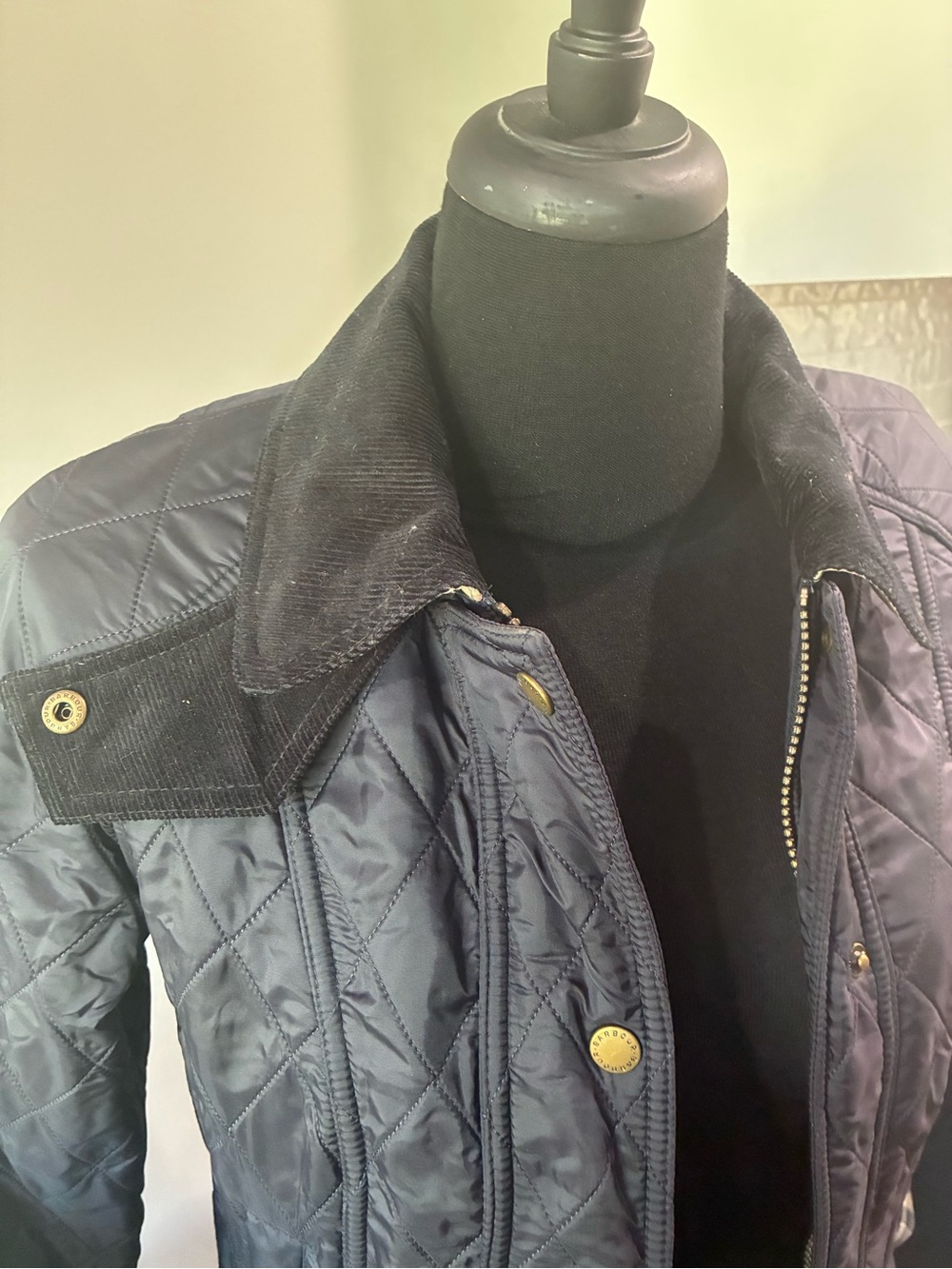 Barbour Black Quilted Coat Corduroy Collar Tartan Plaid lining Bomber Jacket - Picture 4 of 6